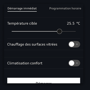 Les options de climatisation sont indiquées, y compris la température cible et la climatisation au déverrouillage. 