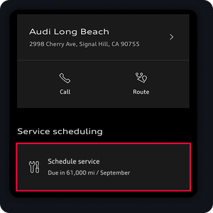 Schedule service button is highlighted at the bottom of the app. A dealer with call and route options is listed top.