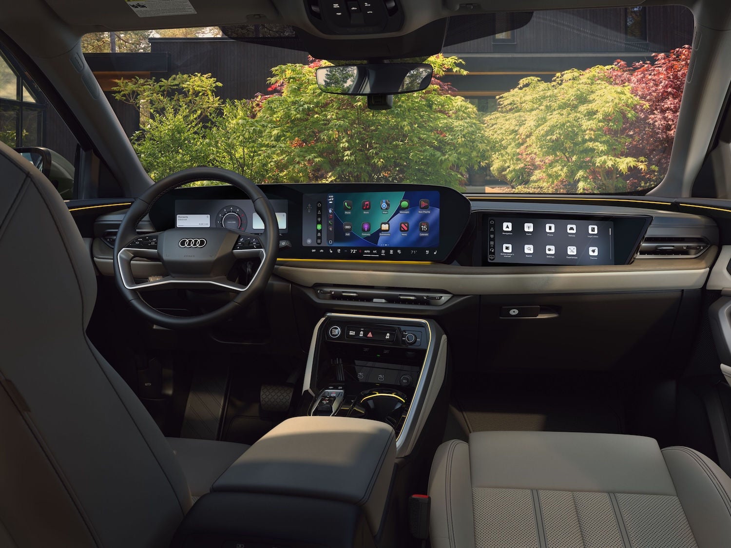 Interior cabin view of a 2026 Audi Q5 with white leather seats