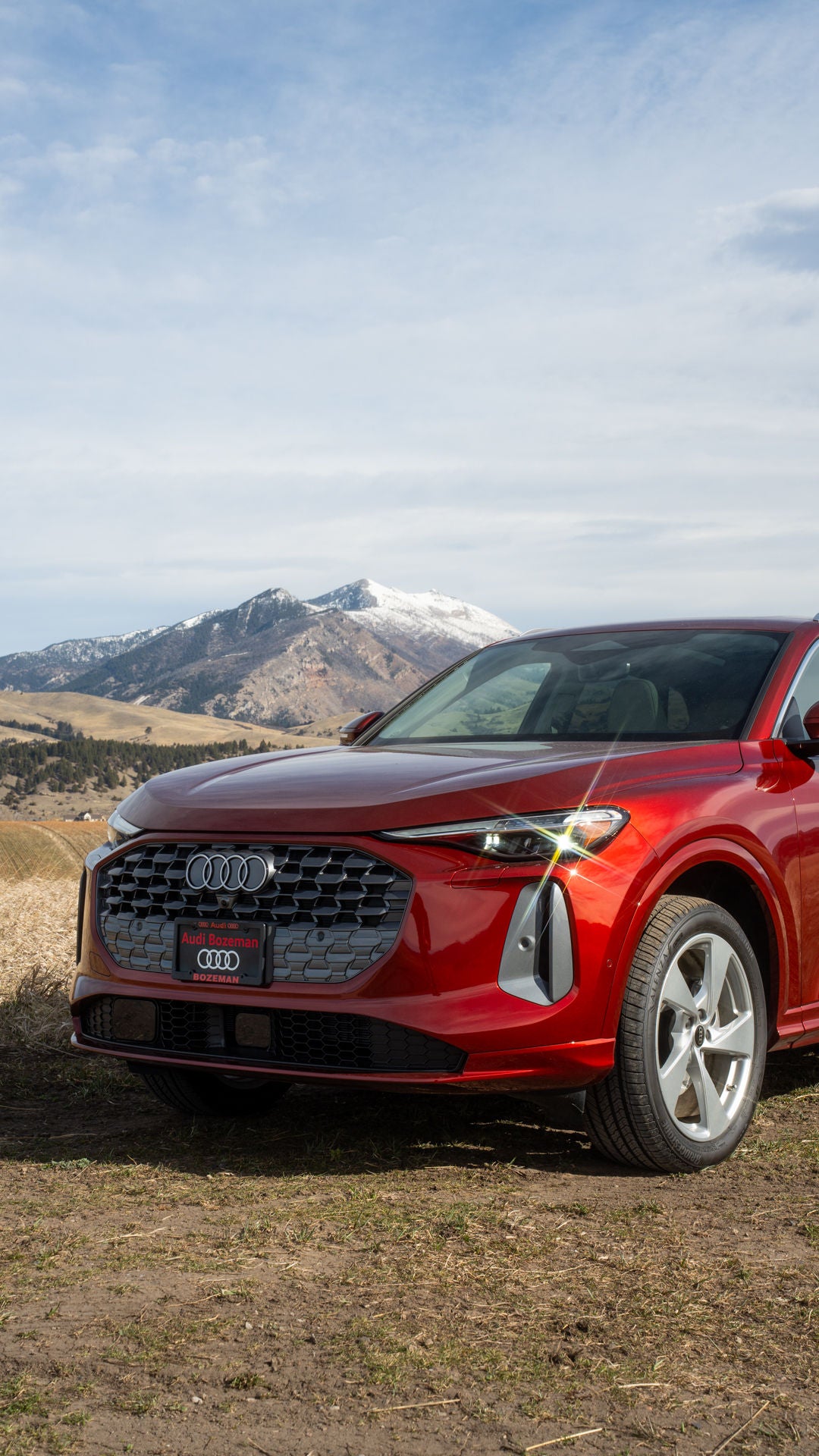 Audi vehicles parked near mountains. 