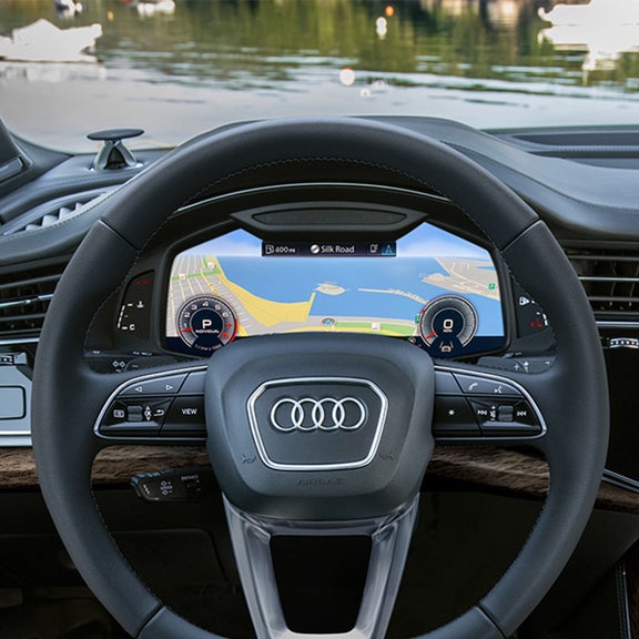 Close-up of the Audi virtual cockpit in the Audi Q8. 