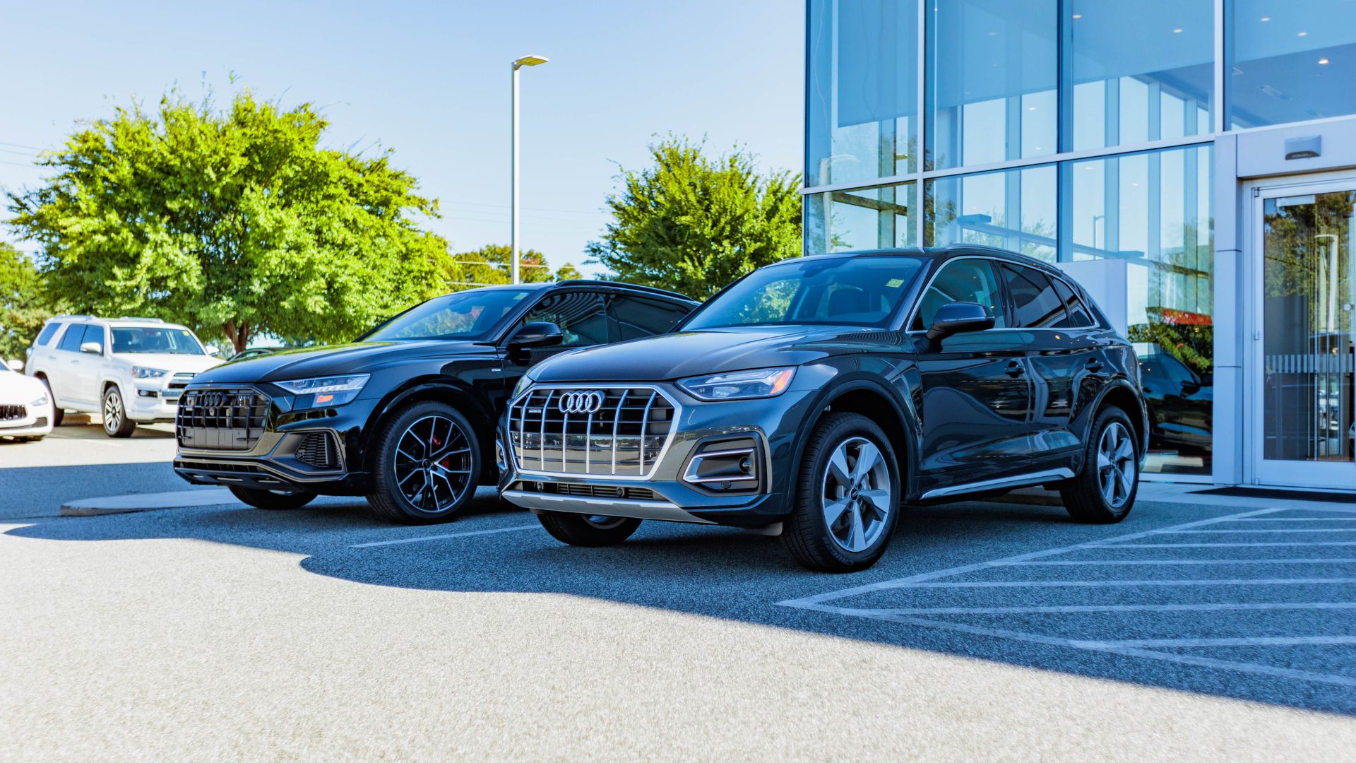 Two Audi cars parked outside of the Audi Greensboro dealership