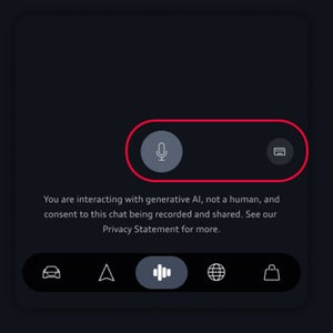 A microphone and keyboard icon are highlighted centre and centre right of the app screen respectively.