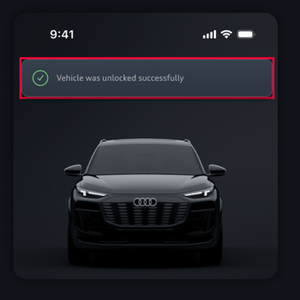 A notification is highlighted stating Vehicle was unlocked successfully.