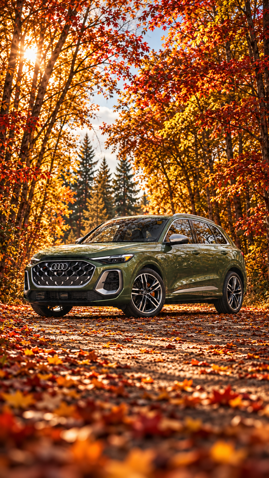District Green 2026 Audi Q5 amid orange and red autumn foliage