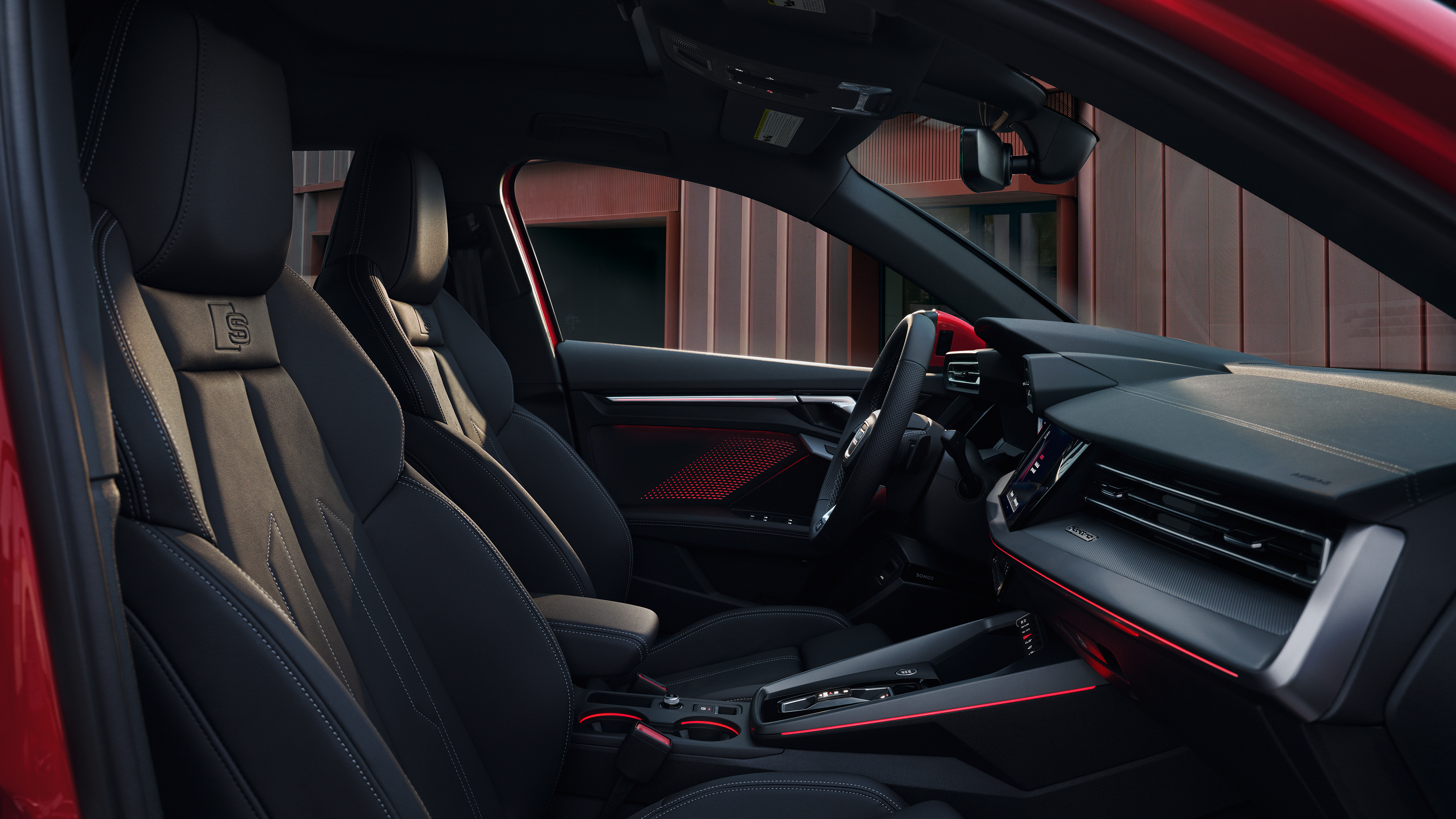 Inside look of the front row of an Audi A3.