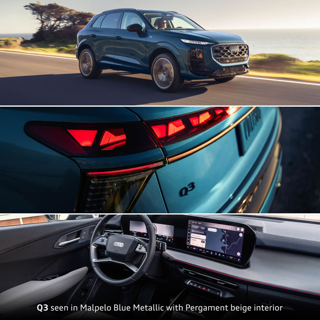 2027 Audi Q3 in Malpelo Blue Metallic driving; rear light close-up; Pergament beige interior with digital cockpit.