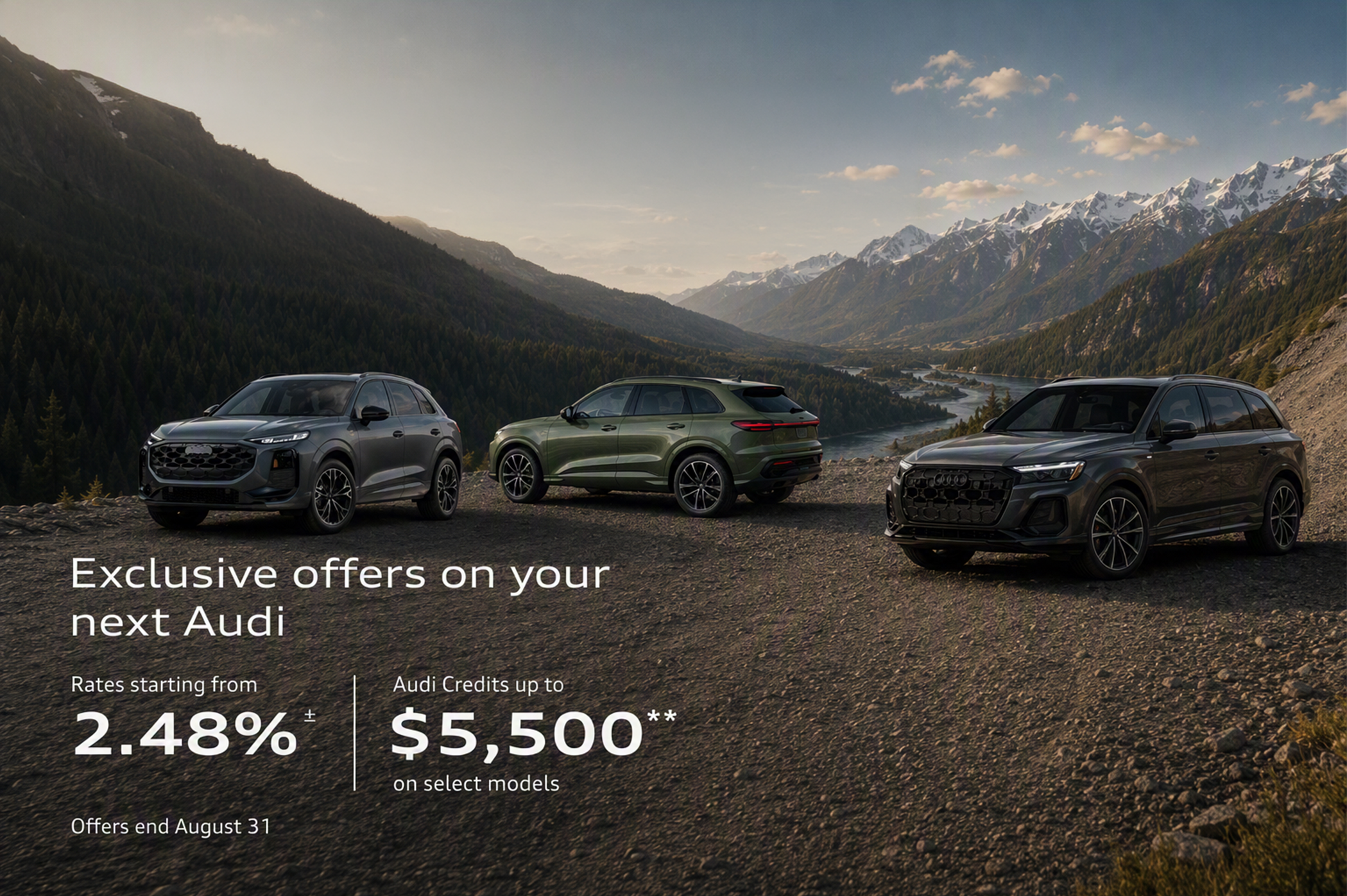 Three Audi cars in profile, side by side.