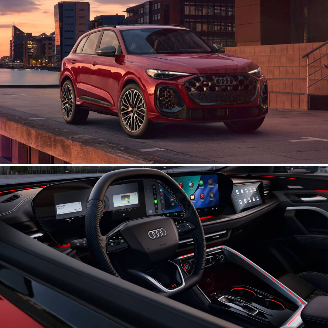 Split view of a red 2026 Audi SQ5: front-angled exterior at a city harbor and a close-up of the black interior.