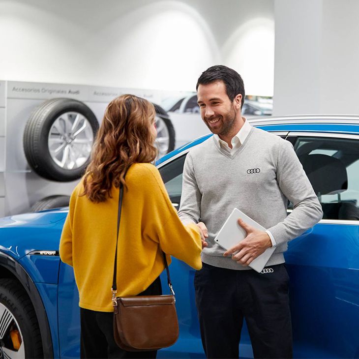 Audi owner having a conversation with a employee.