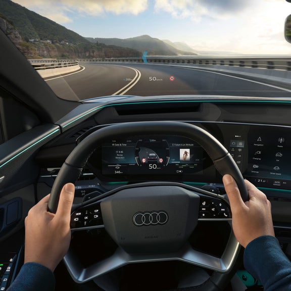 Demonstration of the augmented reality head-up display feature available in the Audi Q6 e-tron.