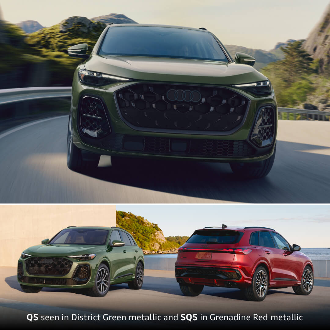 Top: 2026 Audi Q5 in District Green Metallic driving. Bottom: Q5 and SQ5 in District Green and Grenadine Red Metallic.