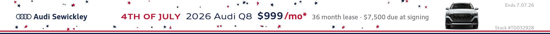 2026 Audi Q8 55 Premium Plus 4th of July lease special, $999 per month, offer ends July 7th