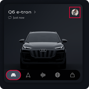 App screen with Vehicle Tab highlighted bottom left and Profile icon highlighted top right of screen.