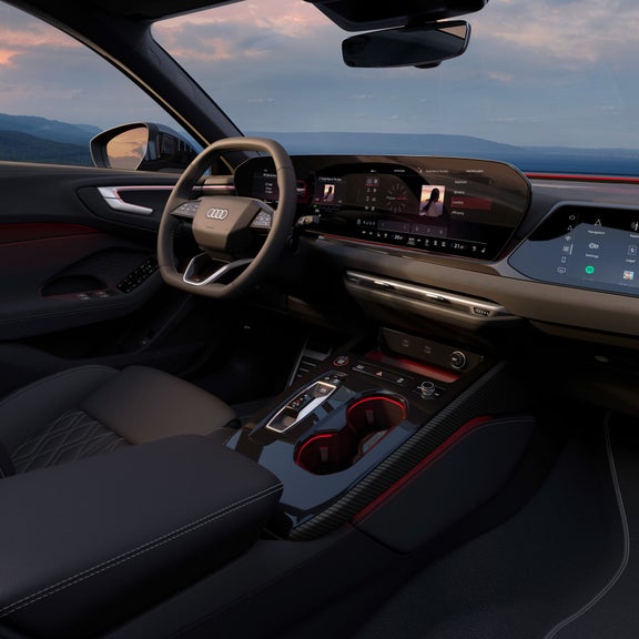 Interior view of the Audi S5, showing the gearbox and driver's cabin.