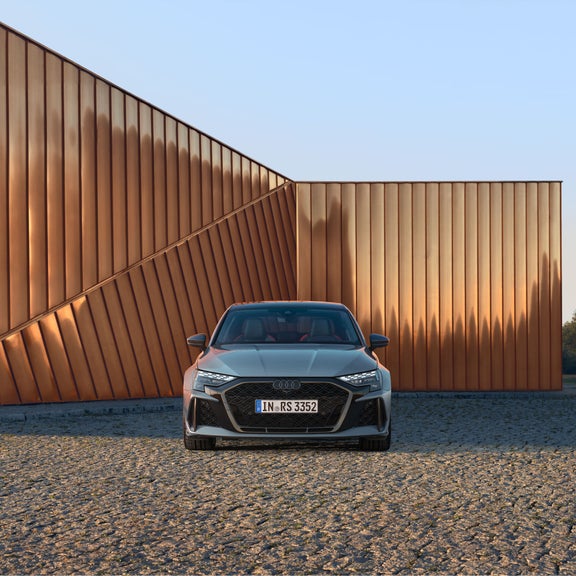Front profile of the Audi RS 3, showing the Matrix LED headlights.
