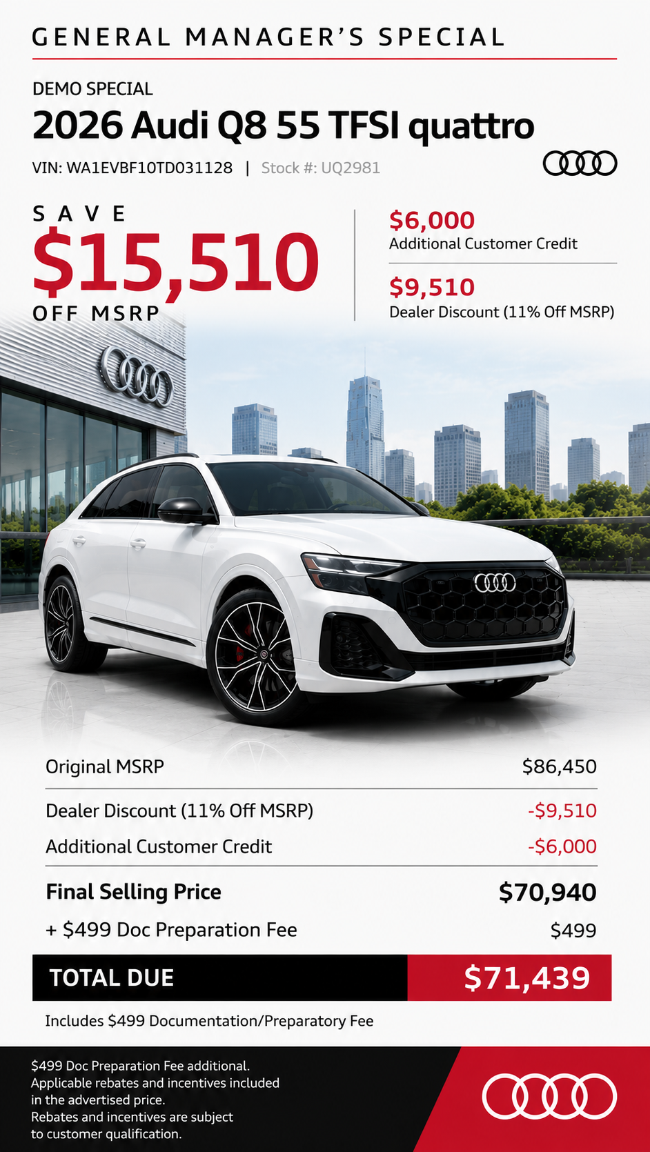 Manager's Special 11.5% Off MSRP on a 2026 Audi Q7 55