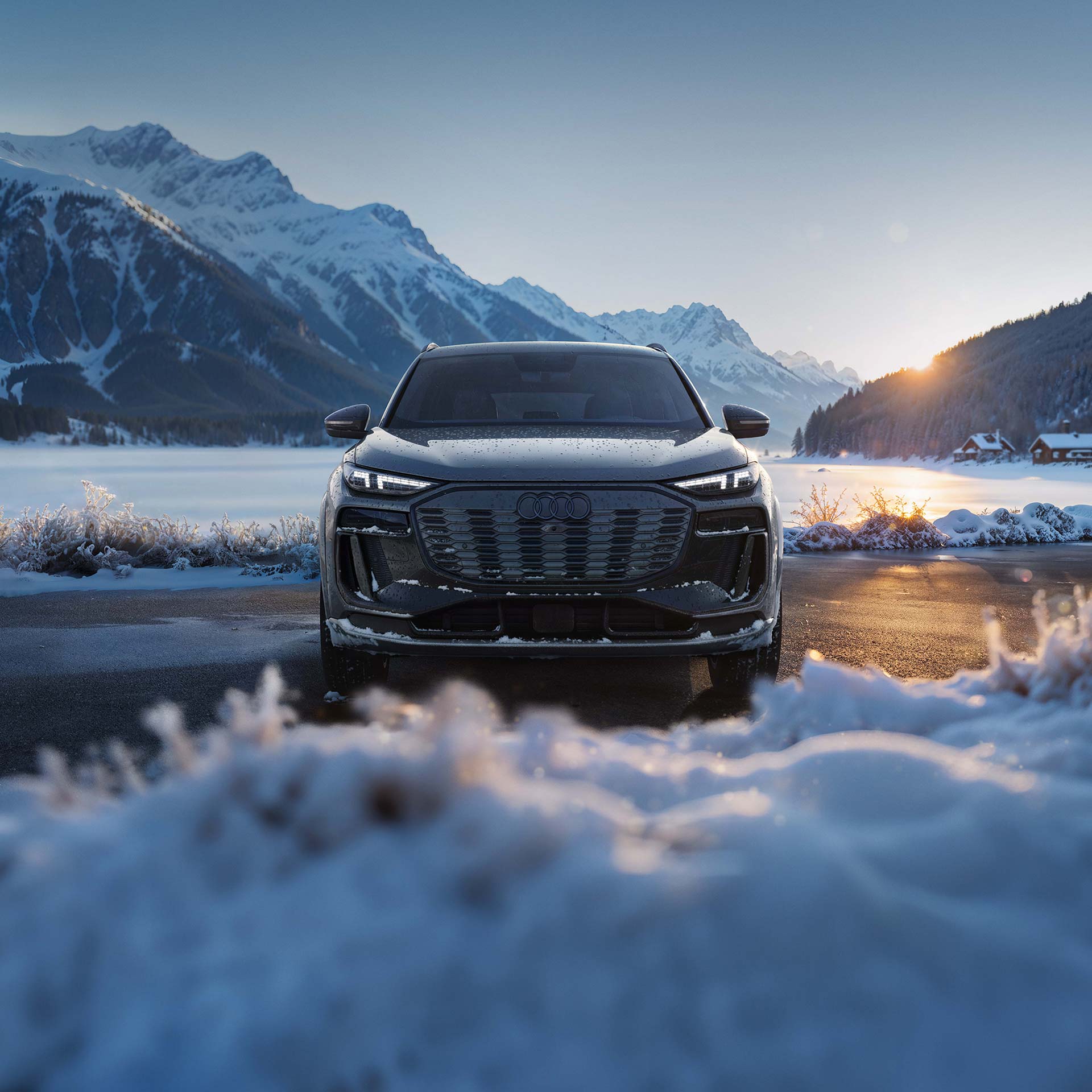 Three-quarter side profile of an Audi RSQ8 accelerating.