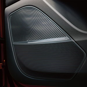 Close-up on the Bang & Olufsen speaker in the door panel of the Audi Q8.
