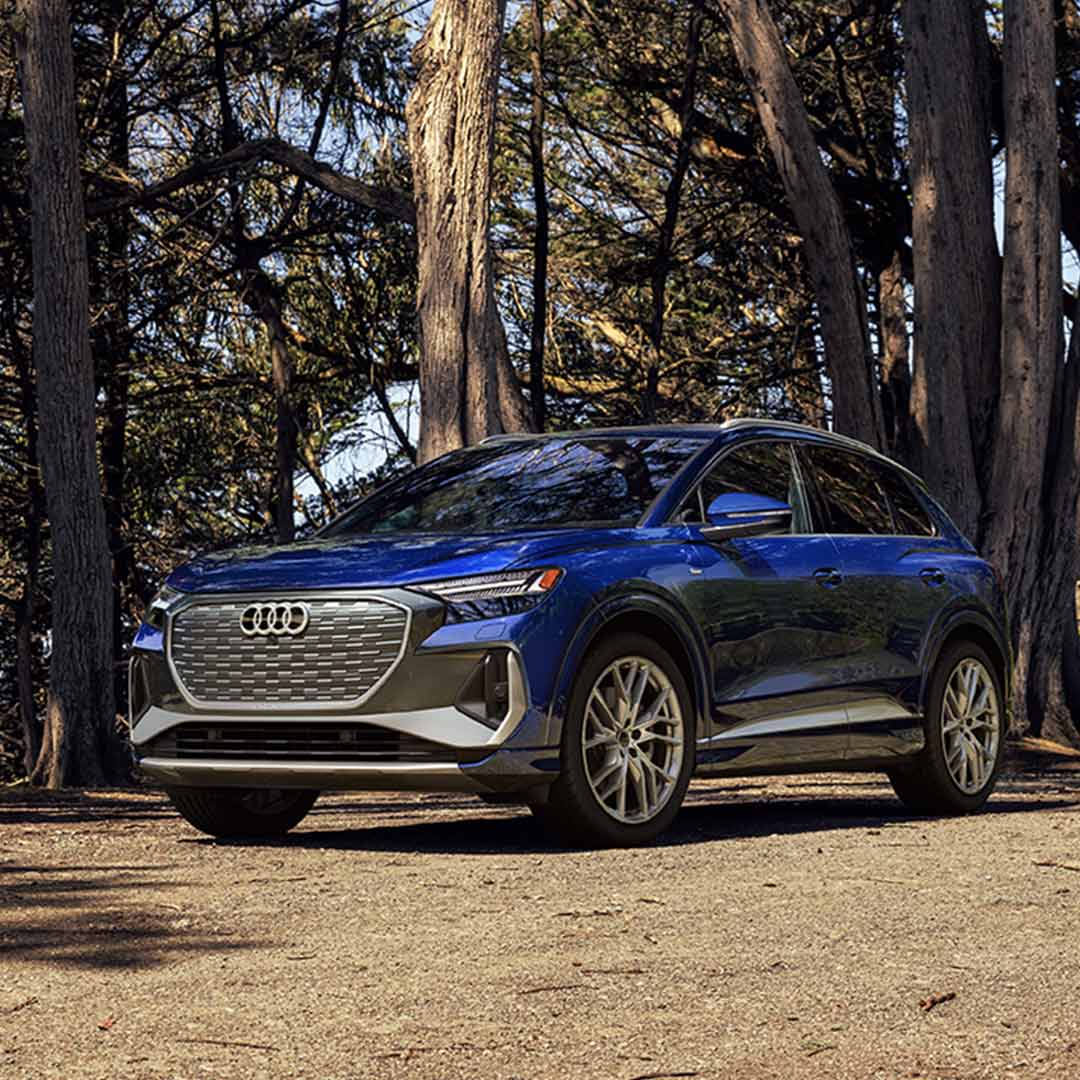 Q4 e-tron parked in woods