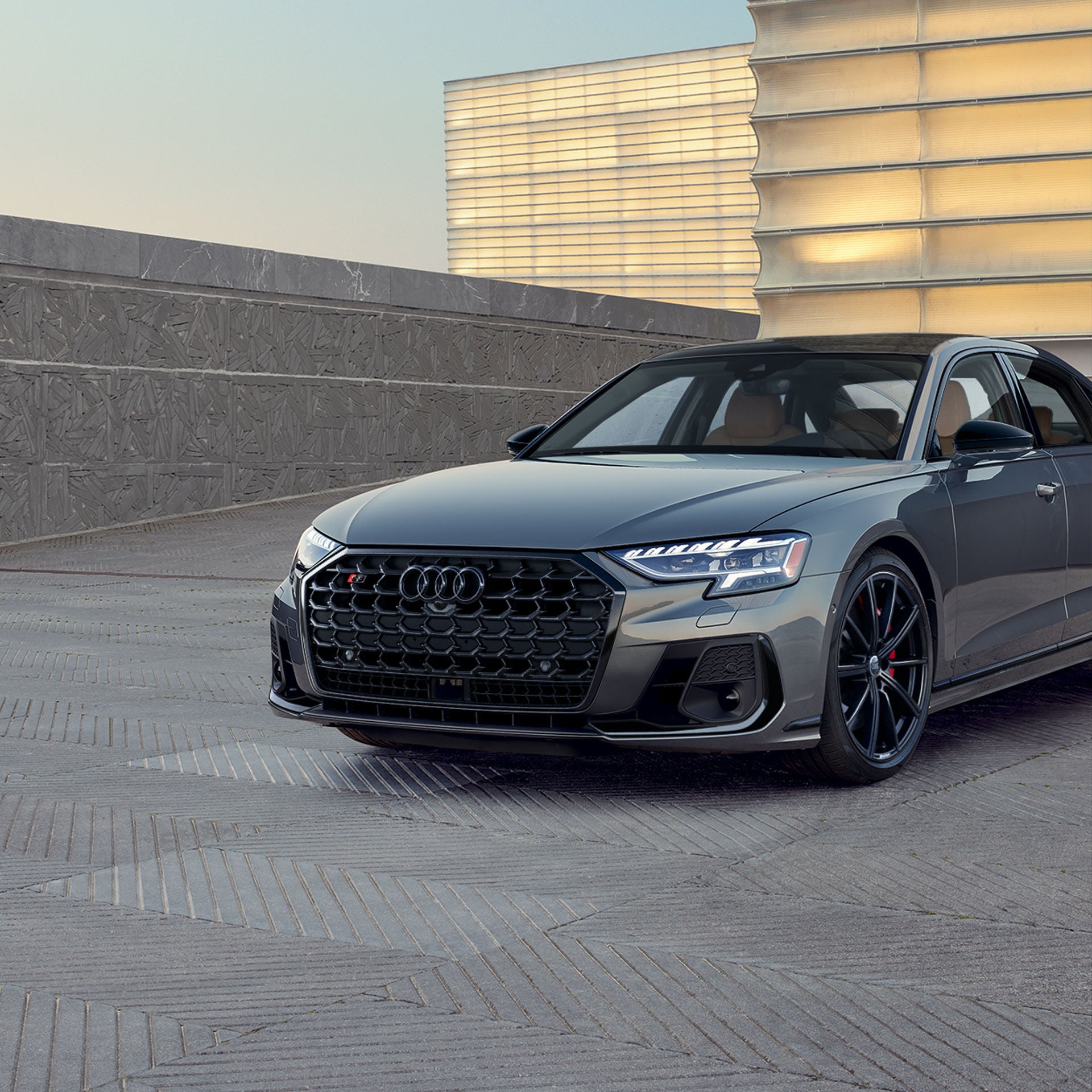 Close-up of the front end of a gray Audi S8.