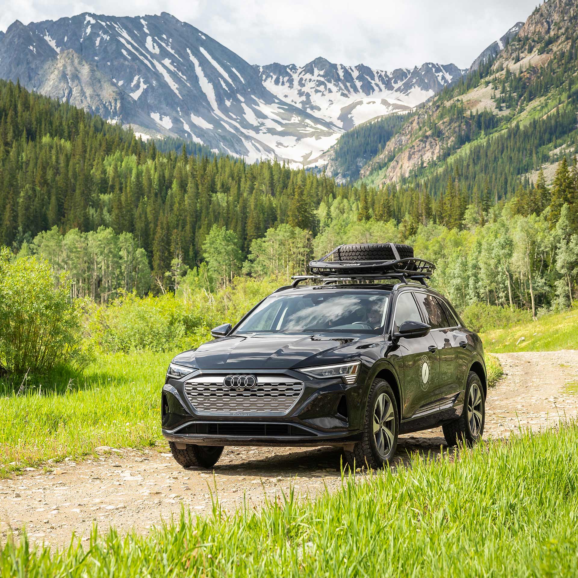 Front-view of an Audi e-tron vehicle parked on a forest trail with snowcapped mountains in the background.