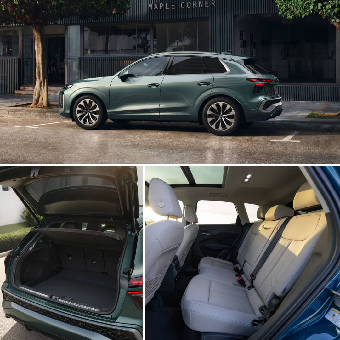 A collage of images including Audi Q3 parked on a city streen and interior views of passenger seating and cargo space.