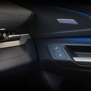 Close-up on the Bang & Olufsen badge and speaker in the door sill of the Audi Q6 Sportback e-tron.