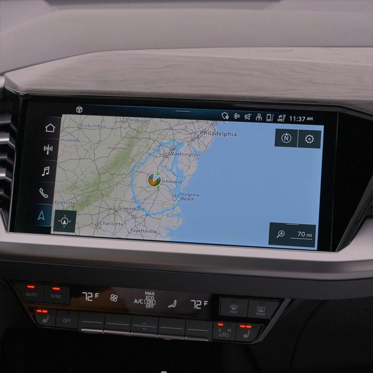 Close-up of detailed route information on an MMI screen in an Audi.