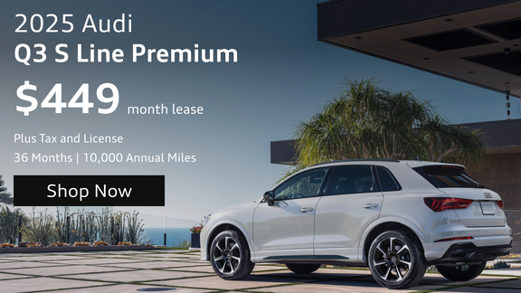 2025 Audi Q3 S Line Premium SUV parked outside a contemporary home with lease pricing overlay