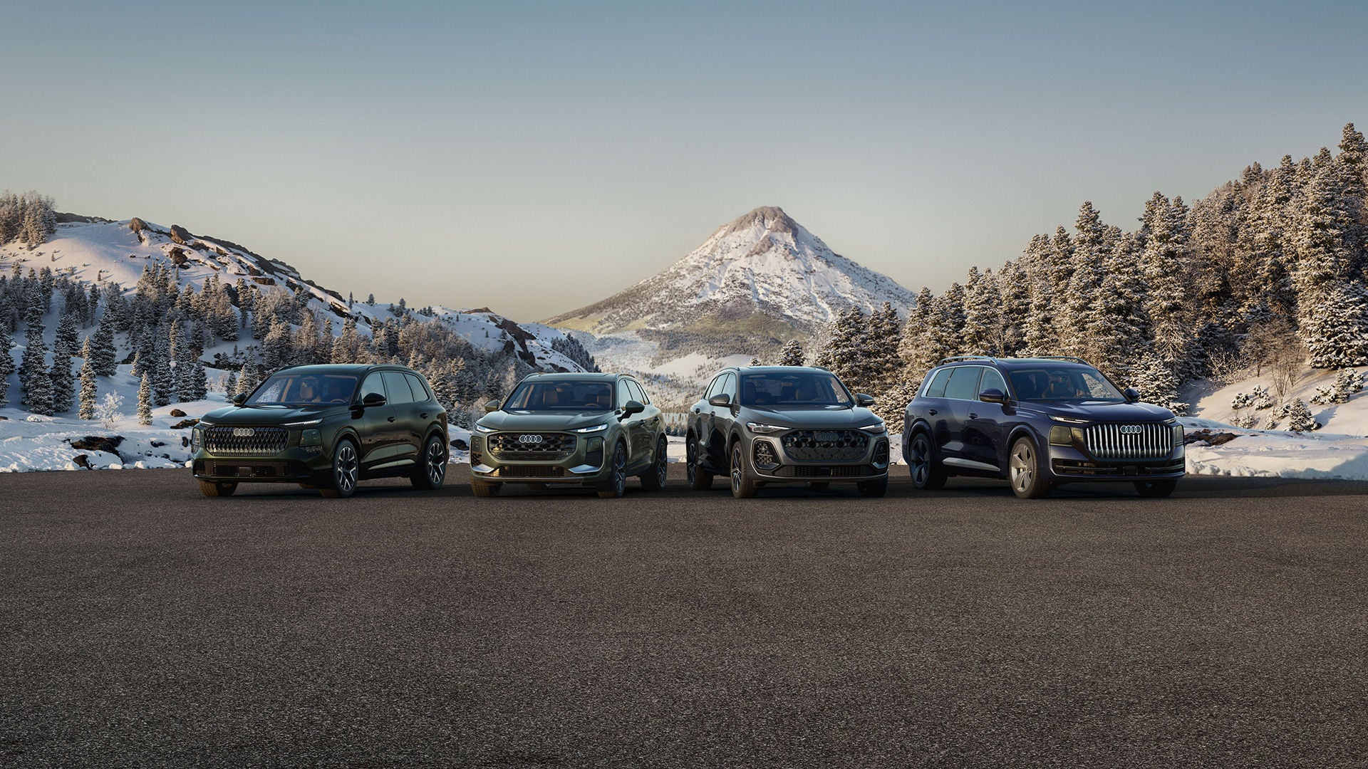 Front view of an Audi Q3, Q5, Q7, and Q9 with mountains in the background.
