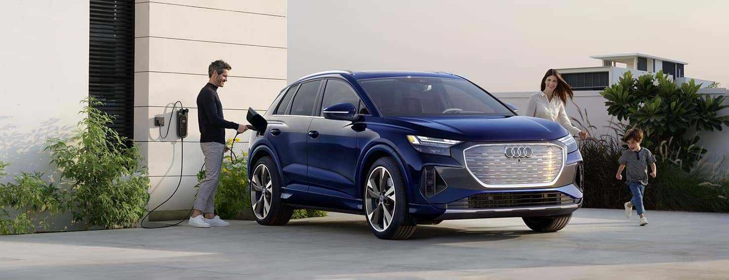 Three quarter view of an Audi Q8 SUV parked.