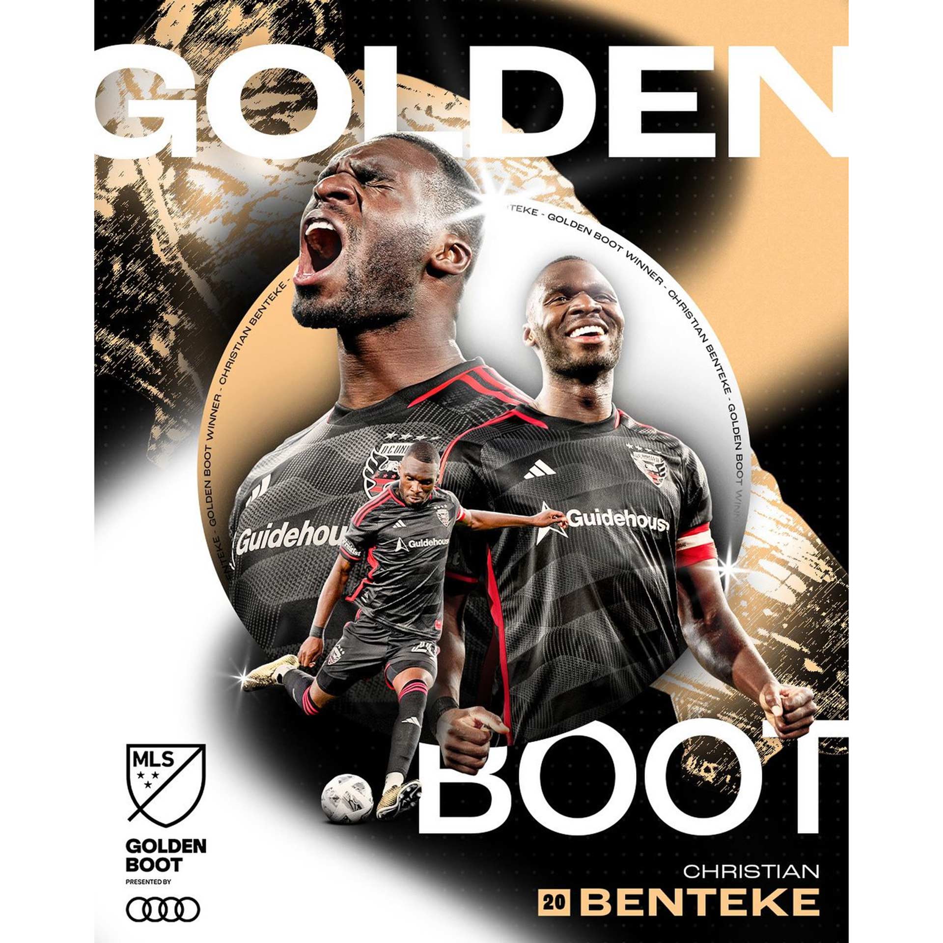 An image showcasing Denis Bouanga and the Audi MLS Golden Boot Award. 