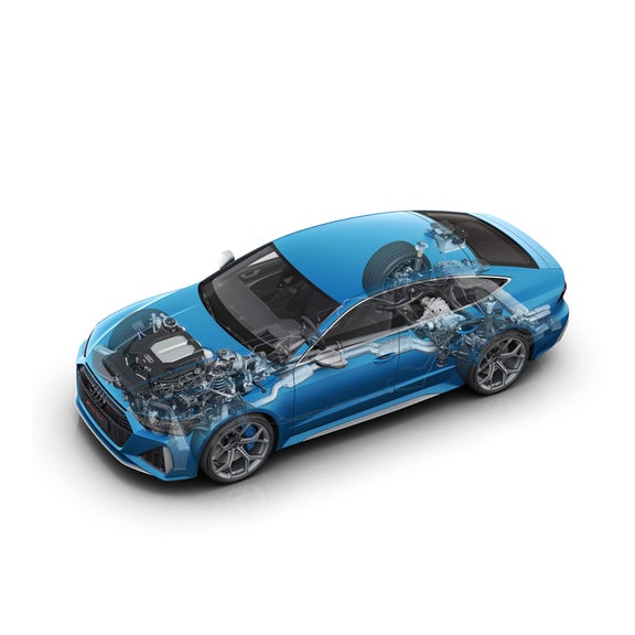 Illustration of the Audi ceramic brakes with red calipers on the Audi RS 7.