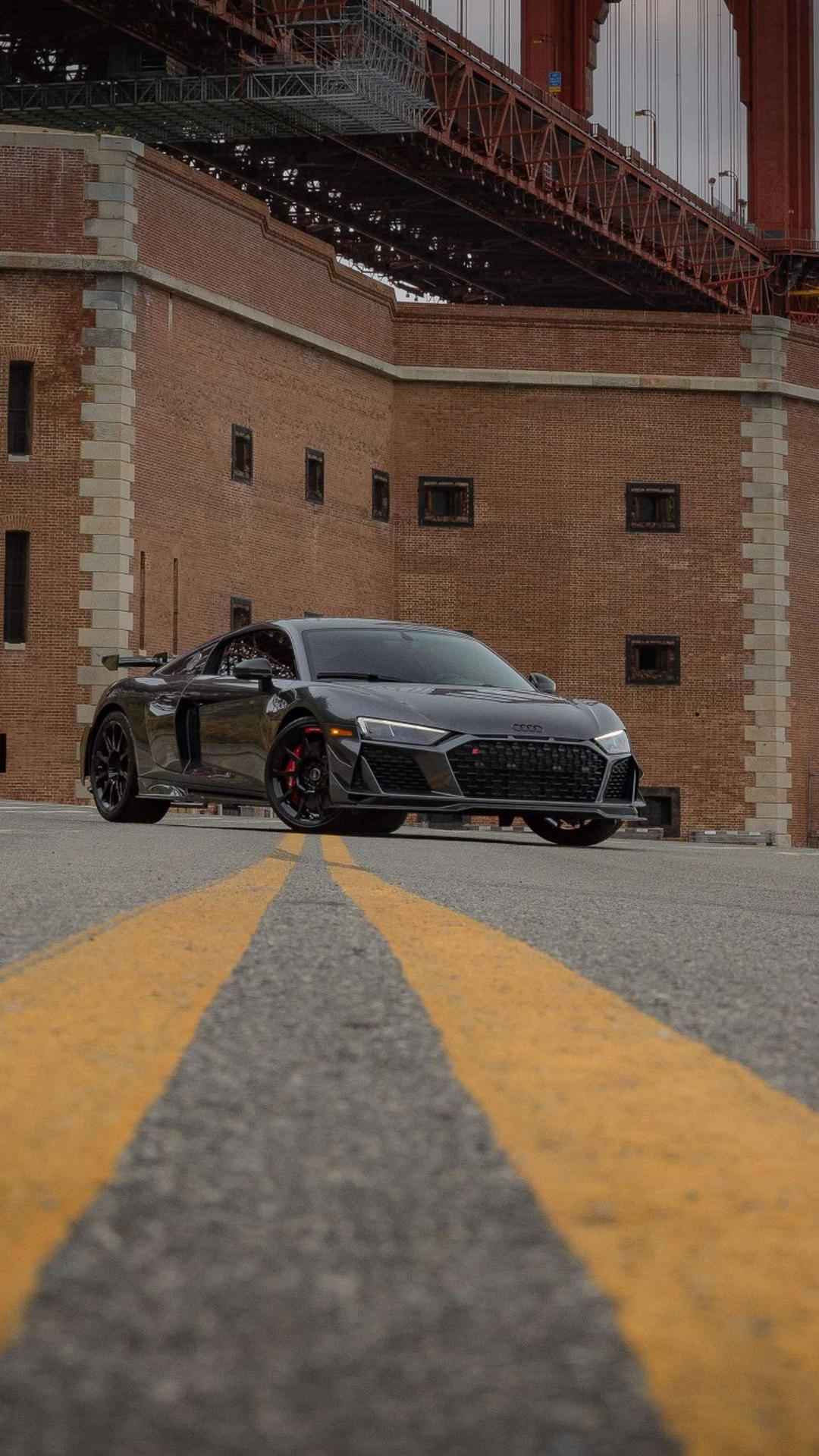 Front profile view of an Audi R8GT parked.