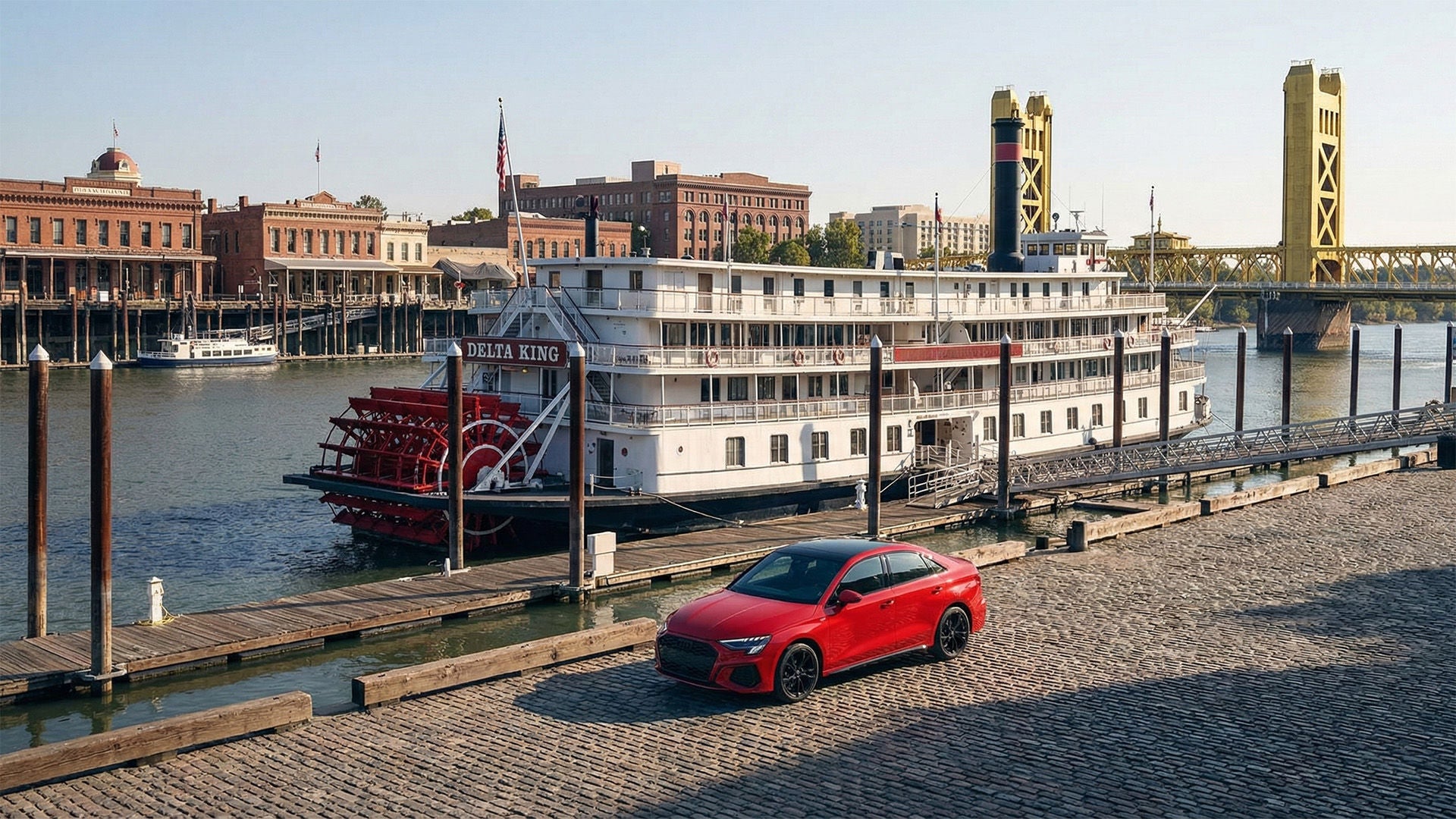 2026 Audi A3 parked next to the Delta King riverboat in Old Sacramento