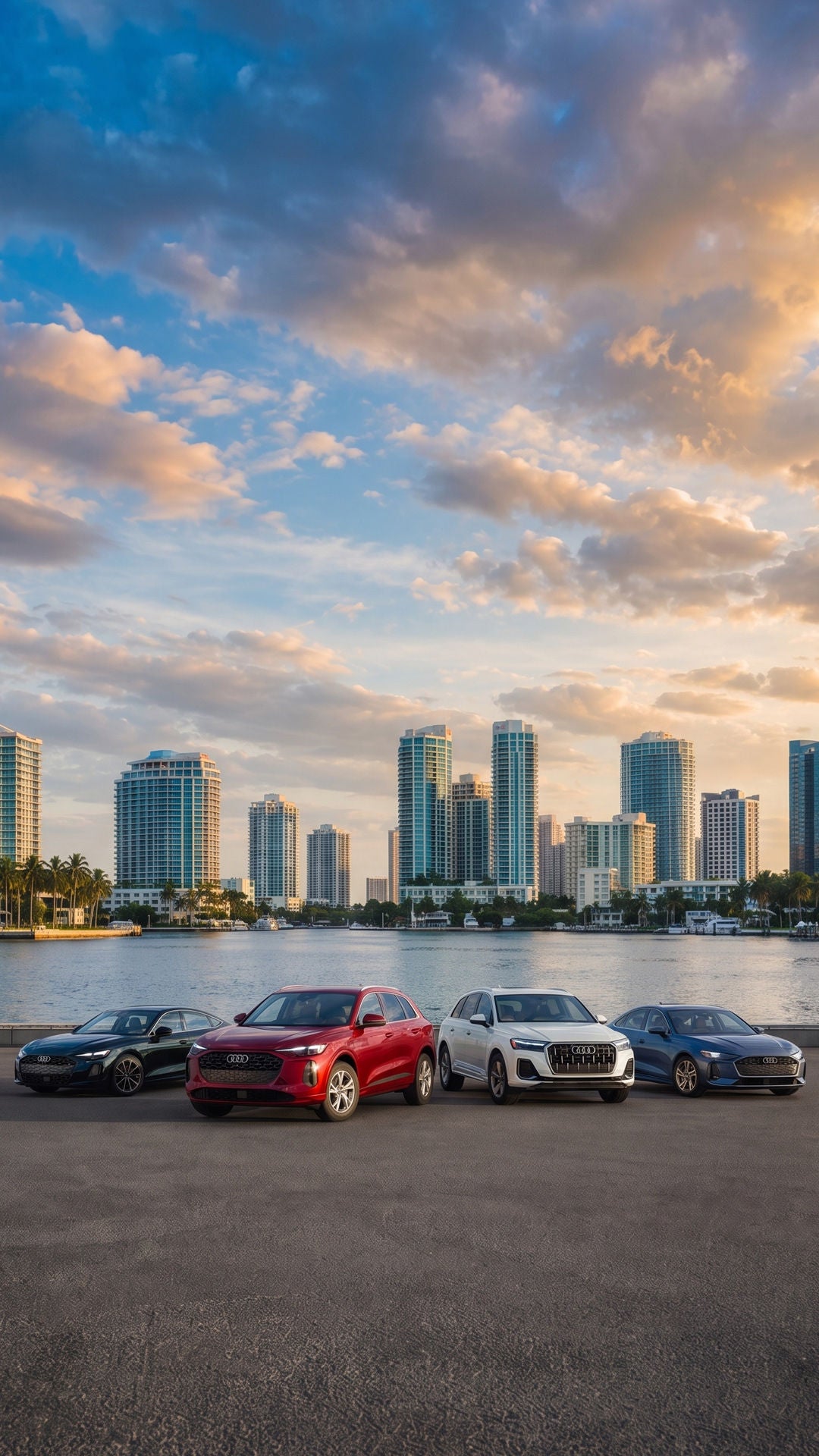 Four Audi vehicles parked side by side with a city skyline in the background.