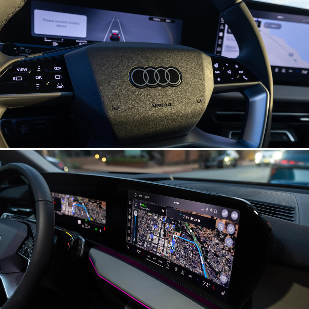 Interior views of Audi Q3 steering controls and touchscreen navigation system.