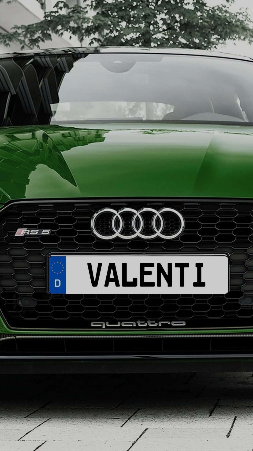 Parked green Audi with Valenti license plate.
