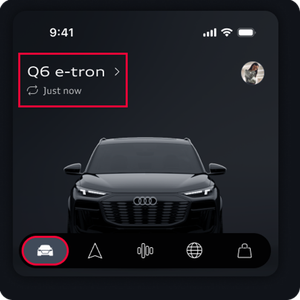 Vehicle tab in bottom left is highlighted along with vehicle model name in the top left of the app.