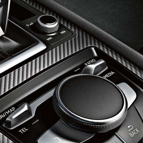Close-up of the MMI touch in the Audi R8 Coupe.