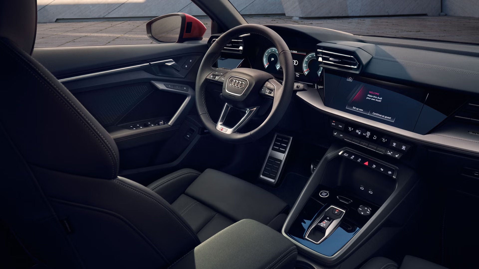 Interior photo of the front driver seat and dash in a 2026 Audi A3