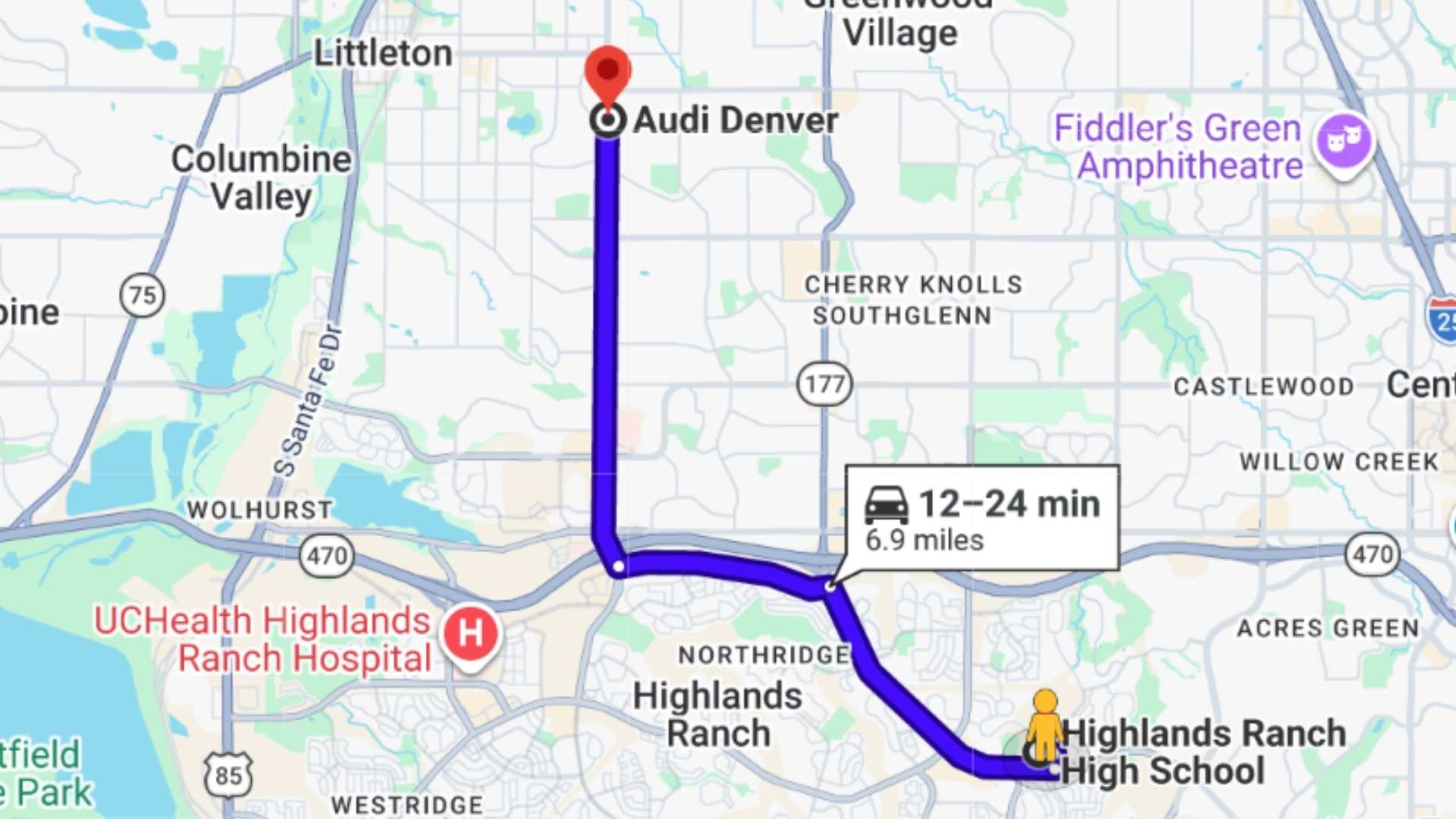 Route 2: C-470 West to South Broadway (recommended for central and east Highlands Ranch)