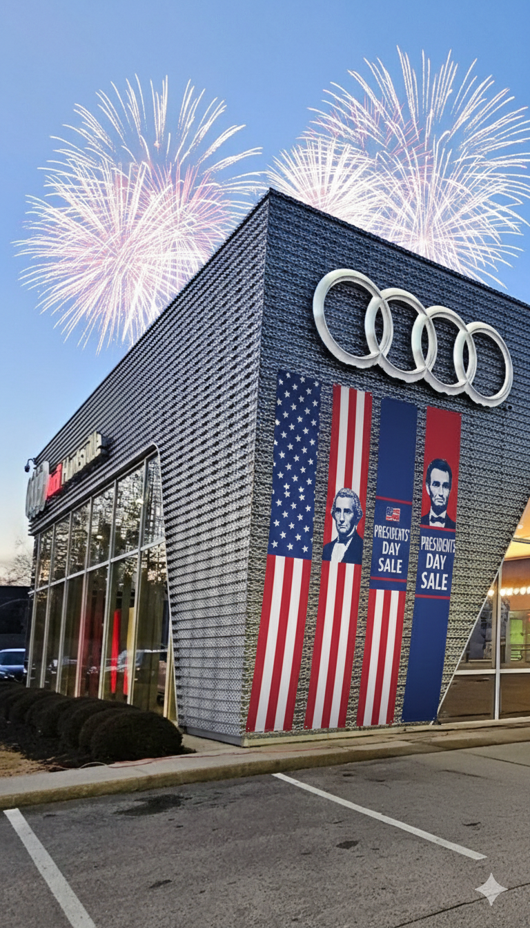 Front profile view of the Audi Huntsville dealership.