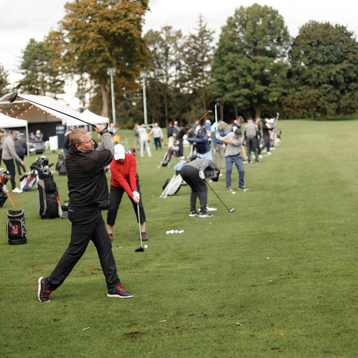 Photo of several golfers lined up to tee off at the June 2022 Canadian Open at St. George's Golf and Country Club in Etobicoke, Ontario, Canada.