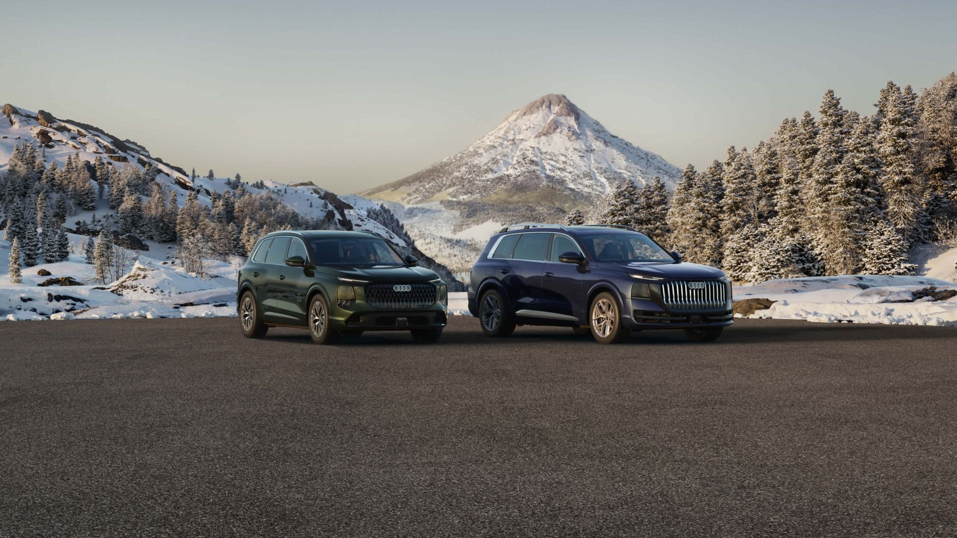 Pack shot of an Audi Q9 and Audi Q7 parked side by side.