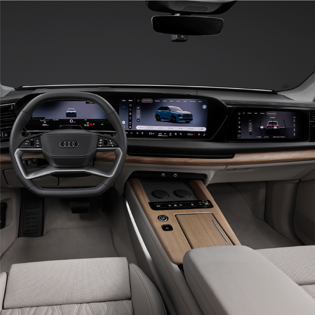 Interior dashboard of Audi Q7 new wrap around cockpit driver seat