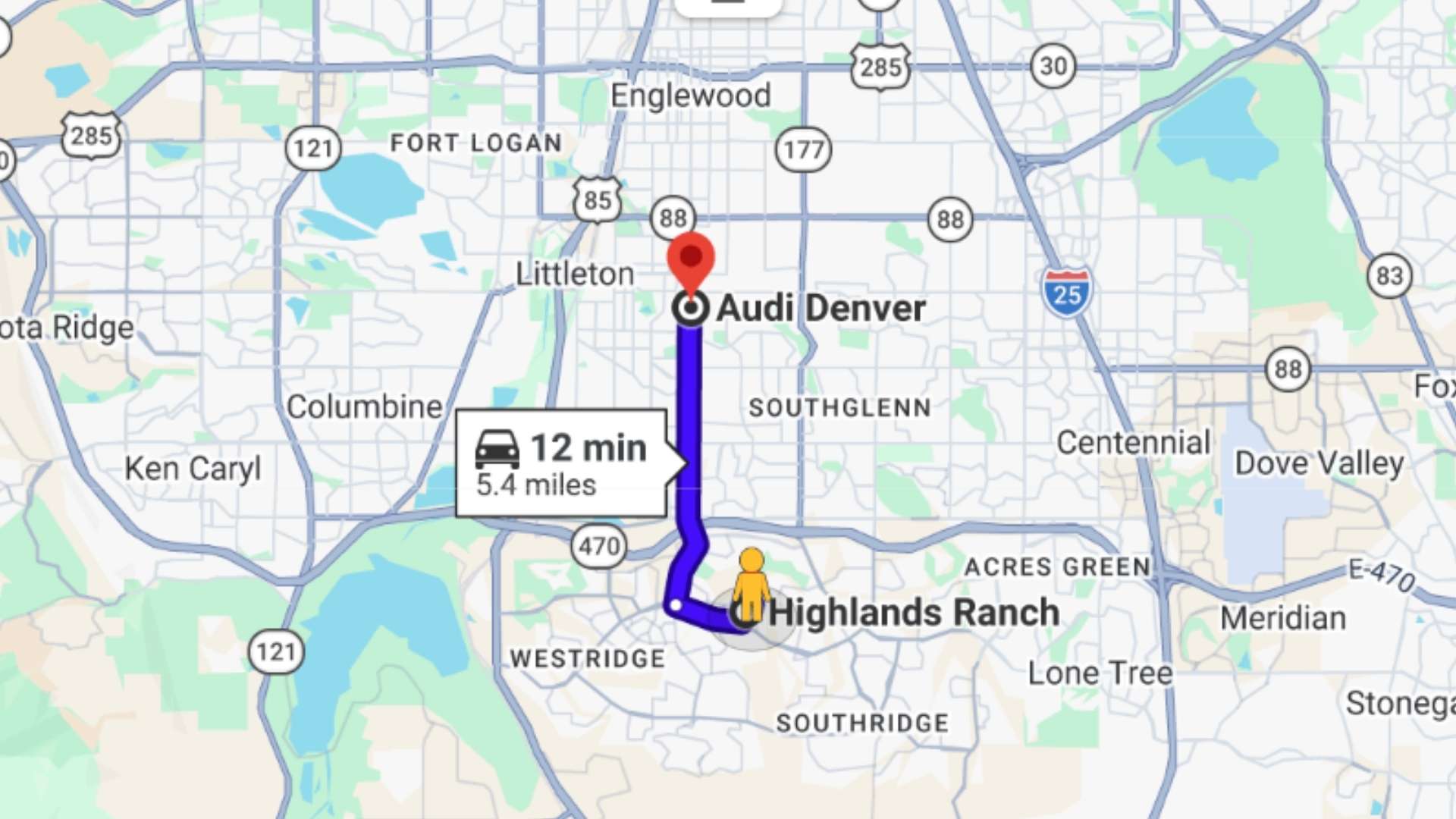 Route 1: South Broadway north (recommended for west Highlands Ranch)