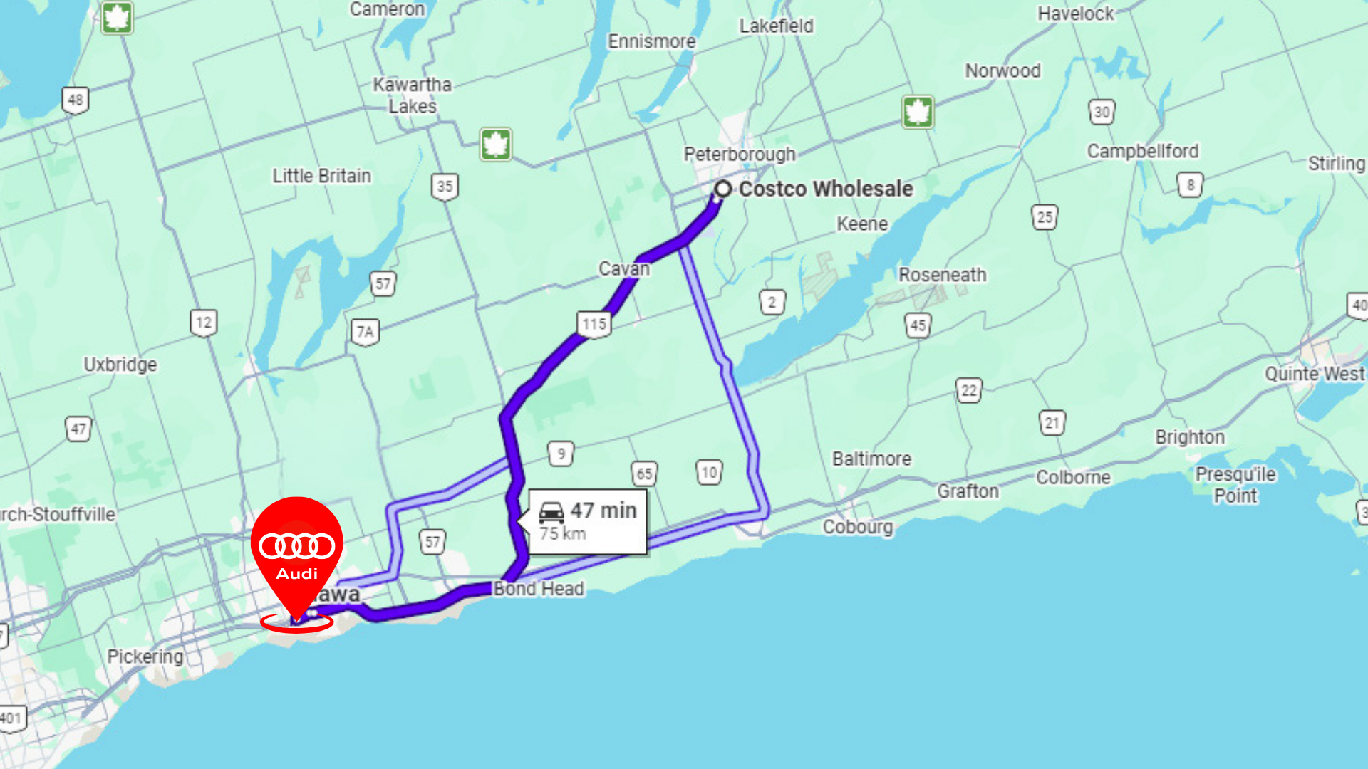Map from peterborough to audi durham
