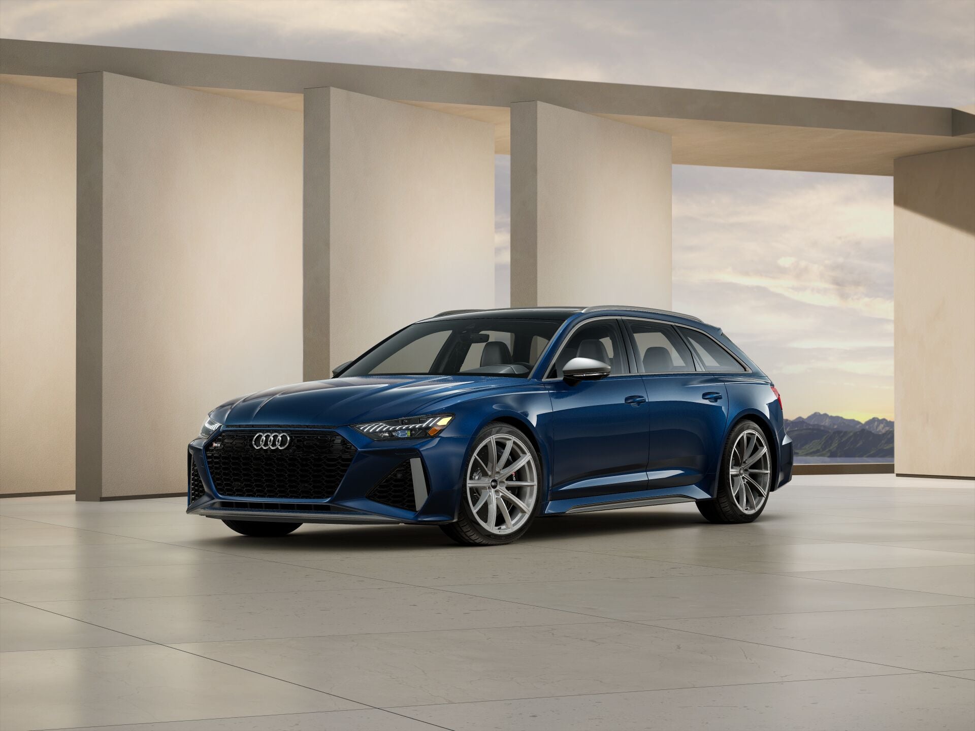 2026 Audi RS 6 parked on a dirt lot with the Golden Gate Bridge in the background